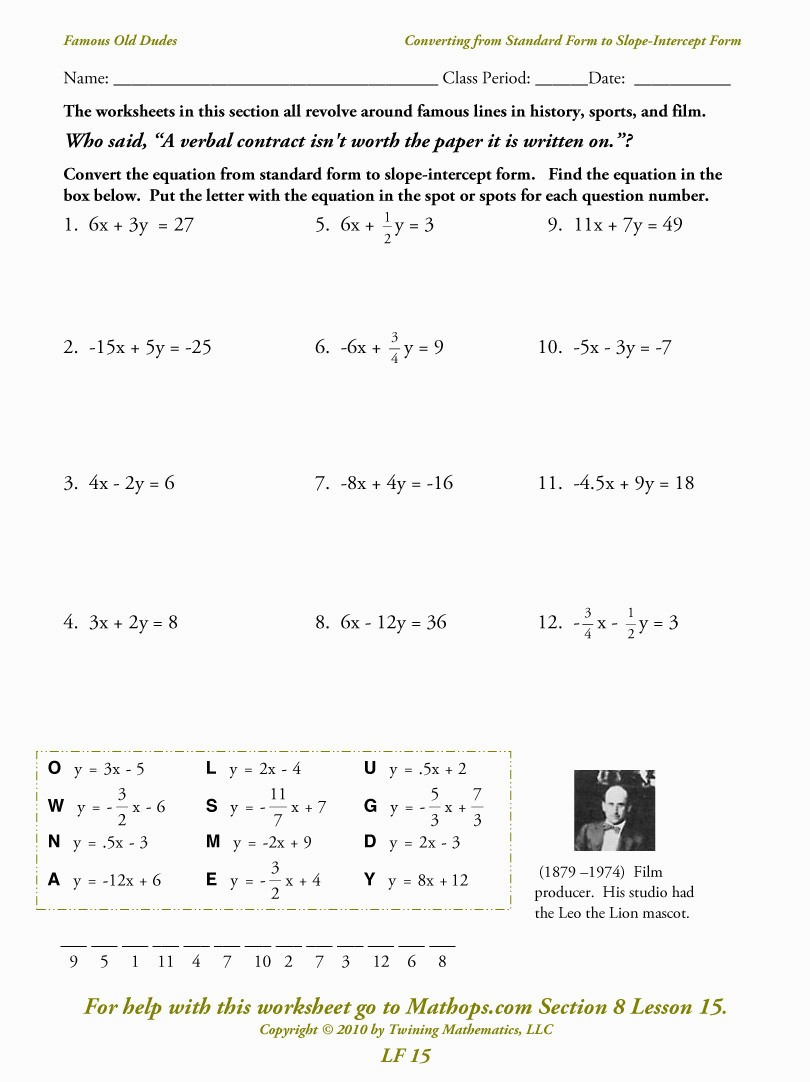 Graphing Systems Of Equations Worksheet Standard Form