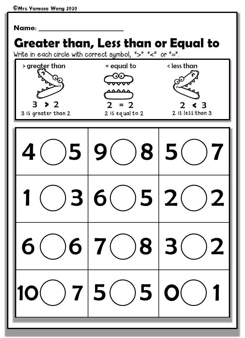Kindergarten Math Worksheets Numbers 110 Comparing Numbers Etsy
