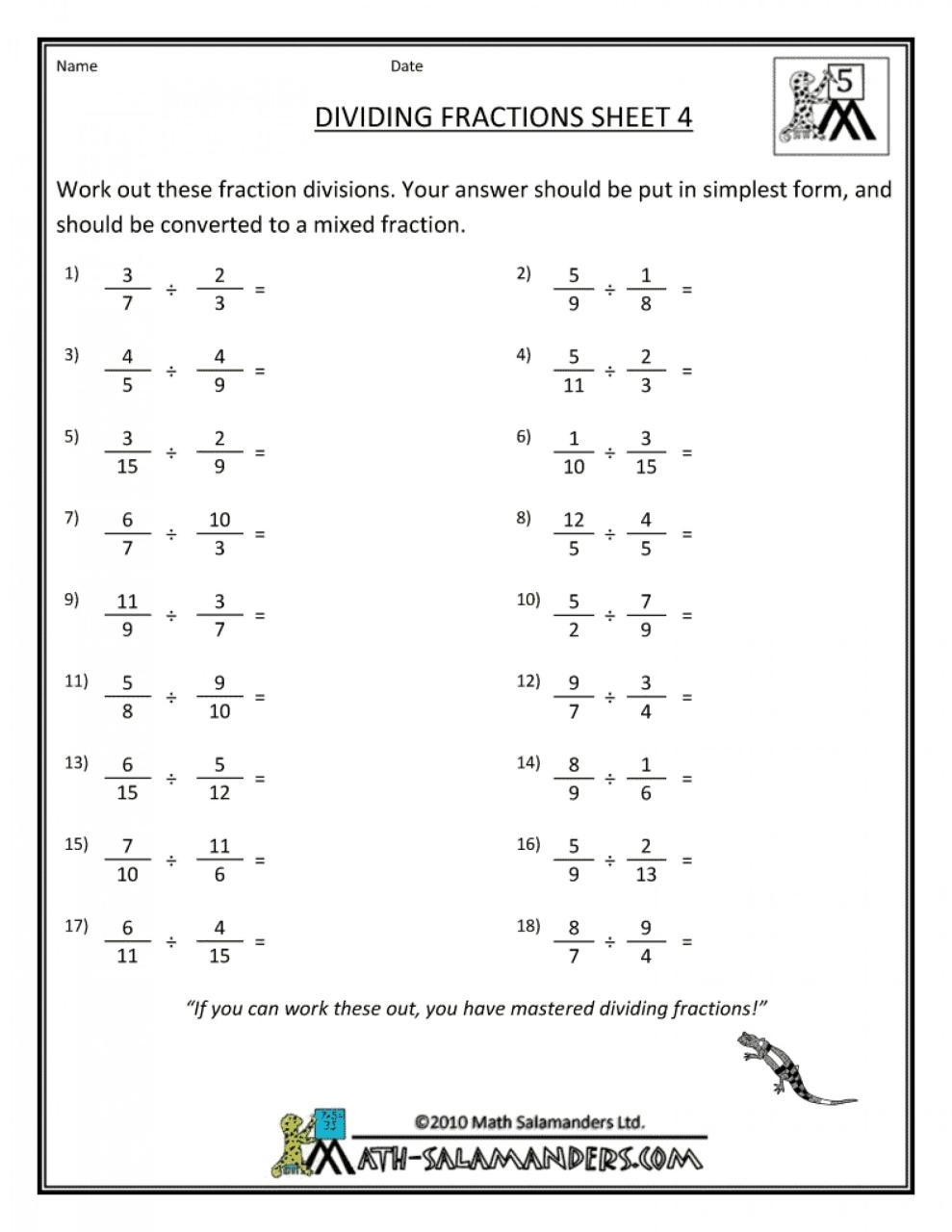 Math Worksheets For 6Th Grade Fractions