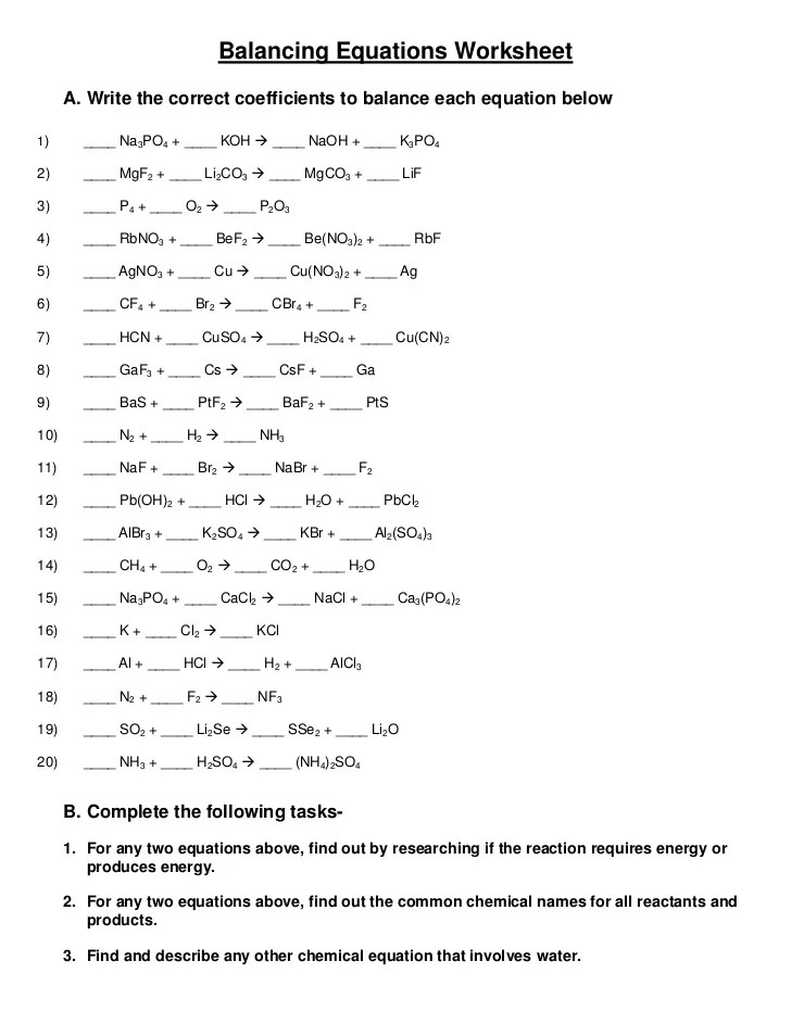 Chemistry Balancing Equations Worksheet Answer Key Pdf / Balancing