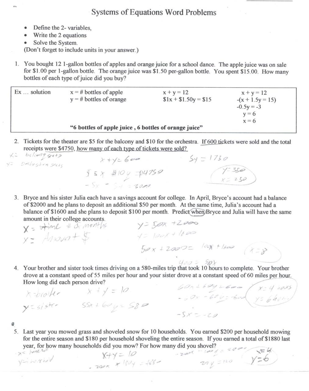 Algebra 1 Worksheet Linear Equation Word Problems Answers Algebra