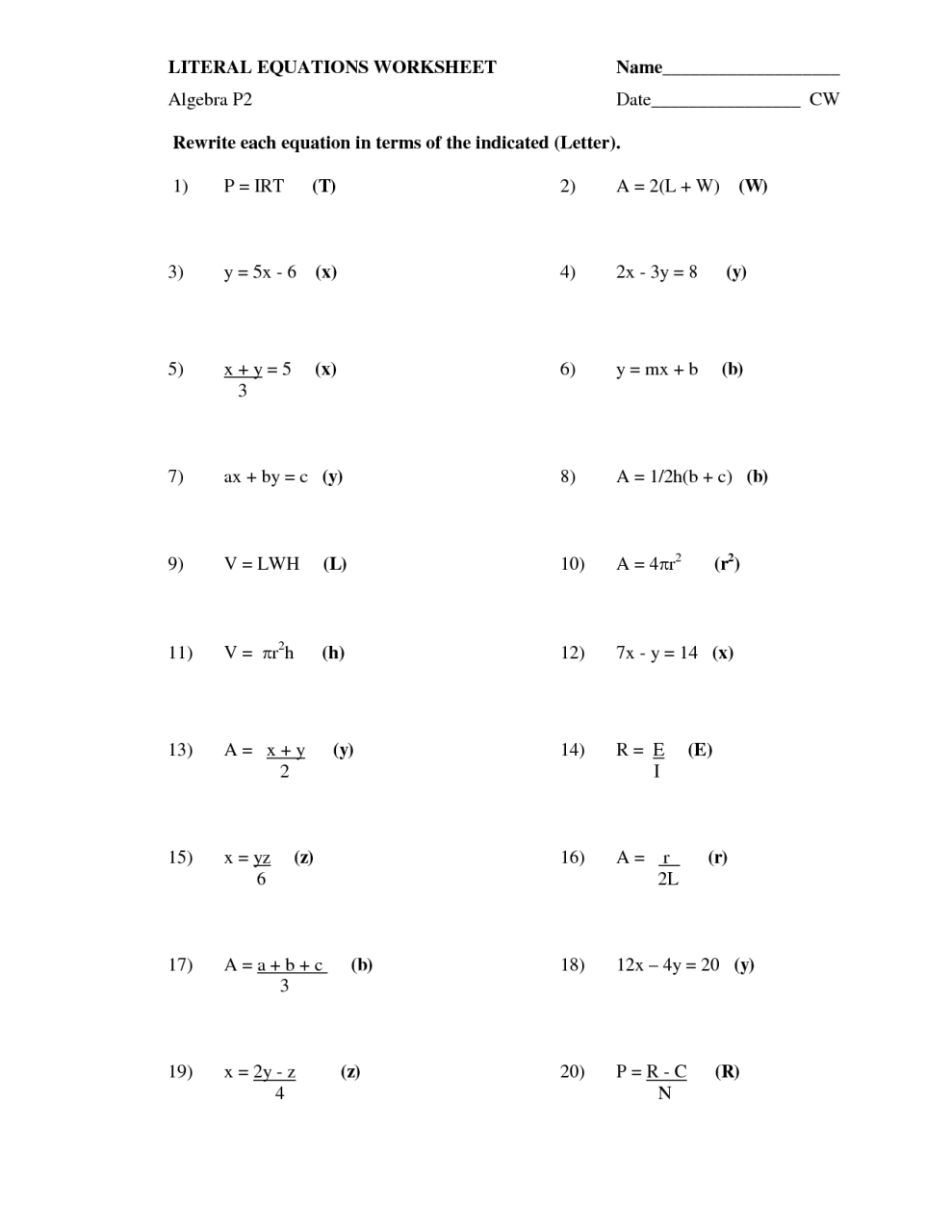 13 Best Images of Literal Equations Worksheet Algebra 2 Math Literal
