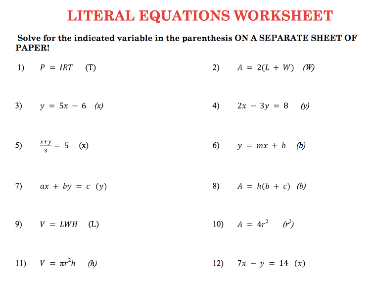 Literal Equations Worksheet #3
