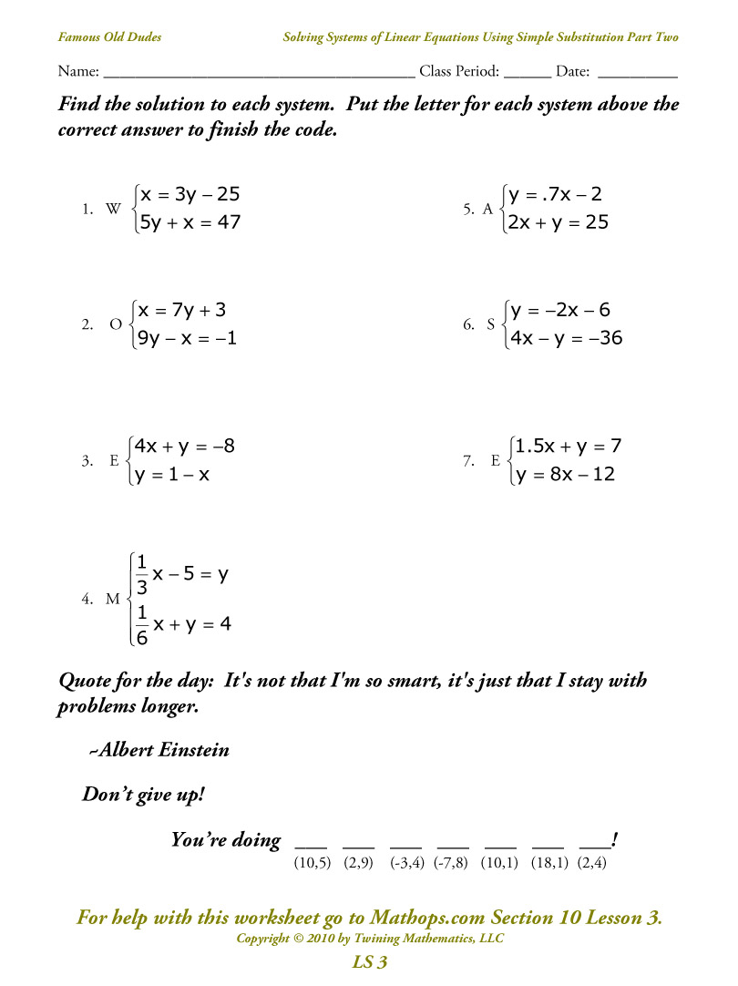 Worksheet 3 Systems Of Equations Substitution And Elimination Answers