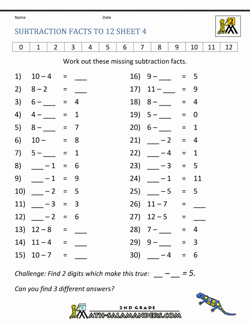 Grade 2 Math Worksheets Subtraction