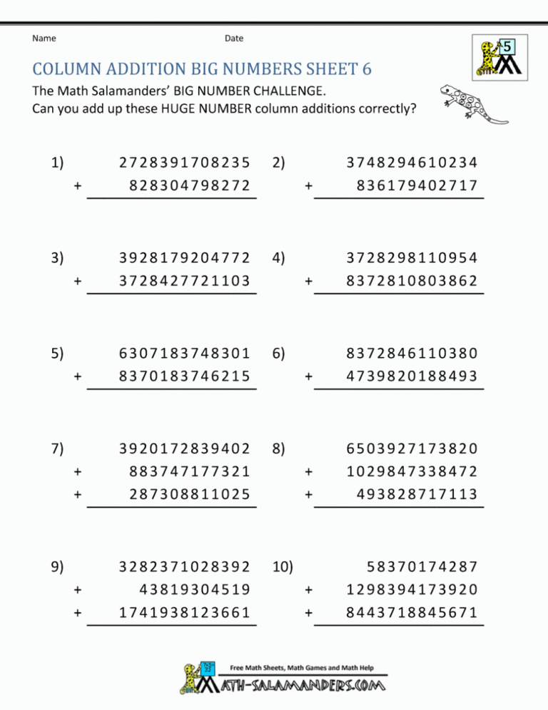 Math Worksheets For 5Th Grade Subtraction
