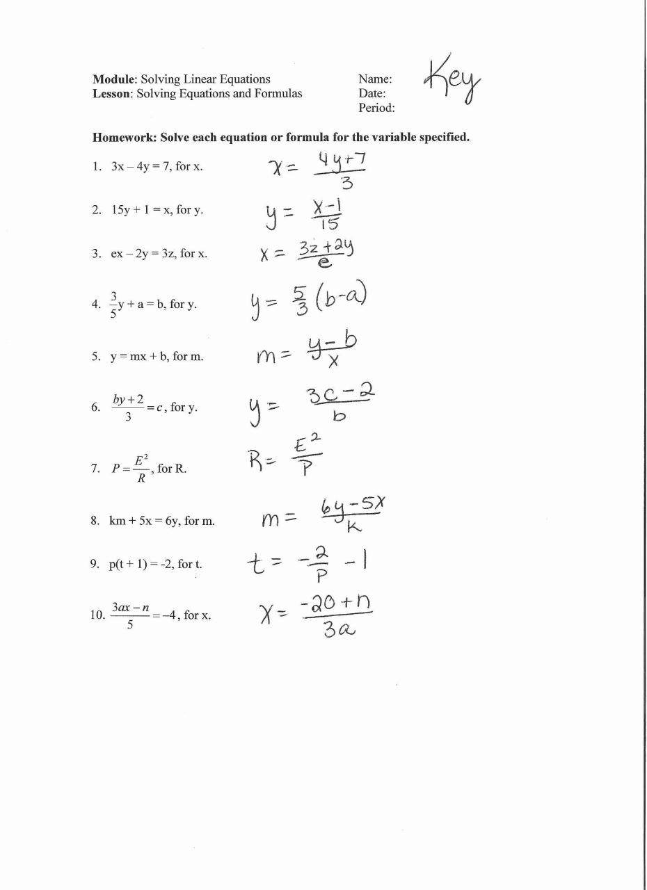 Literal Equations Worksheet Algebra 1 Answers