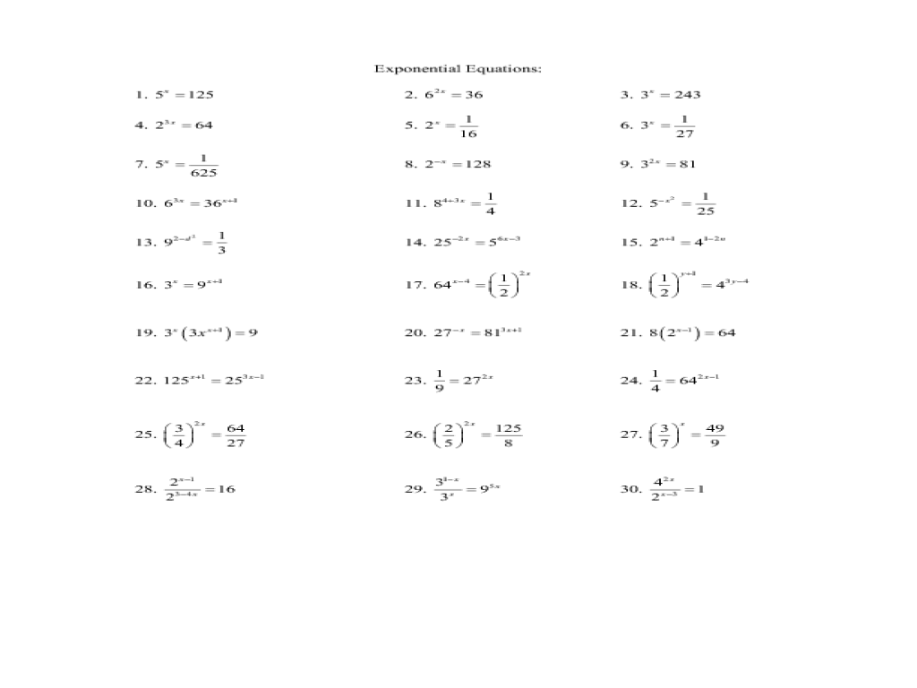 Exponential Equations Worksheet for 9th 11th Grade Lesson