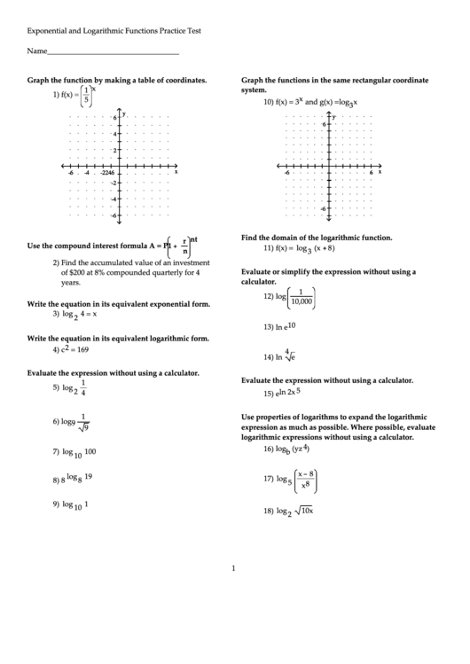Exponential And Logarithmic Functions Worksheet