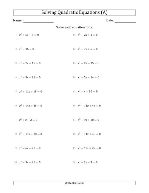 Solving Quadratic Equations for x with 'a' Coefficients of 1 (Equations