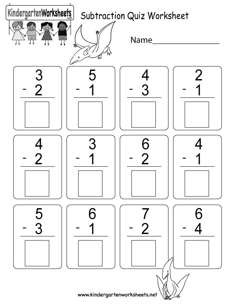 Free Printable Subtraction Quiz Worksheet for Kindergarten