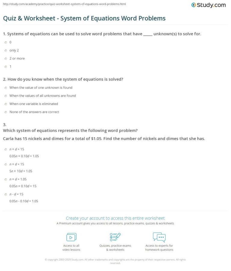 Systems Of Equations Worksheet Word Problems