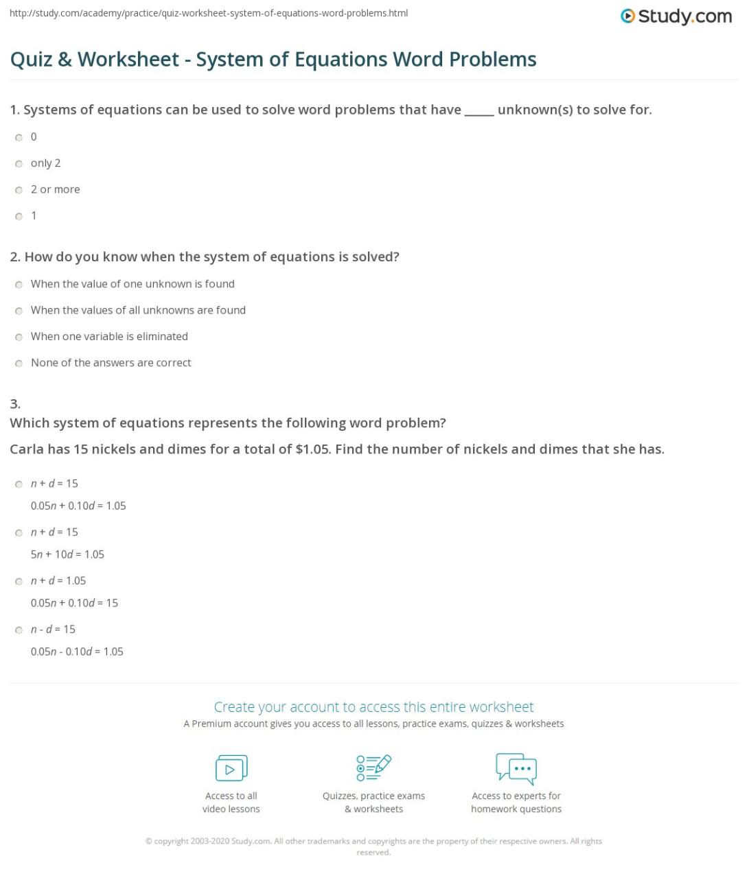 Systems Of Equations Worksheet Word Problems