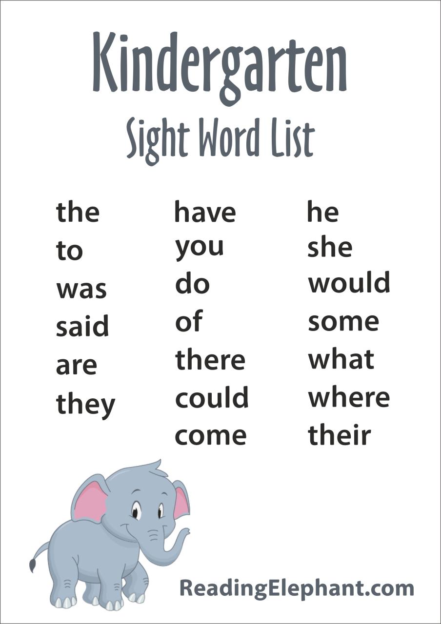 Kindergarten Sight Words FREE Printable Reading Elephant