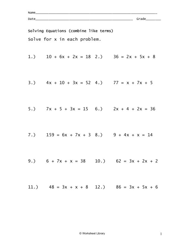 One Step Equations Worksheet Adding And Subtracting