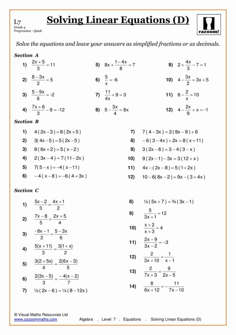Math Worksheet For Grade 7 Pre Algebra Algebra Worksheets Free Download