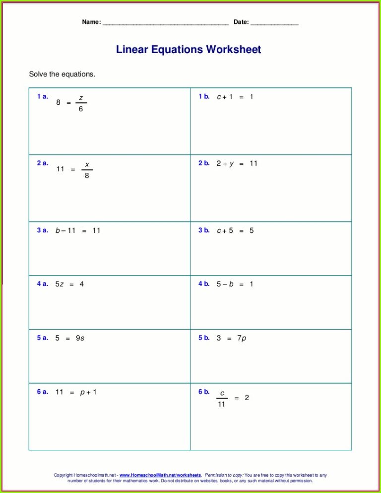 Equations Worksheet Grade 8