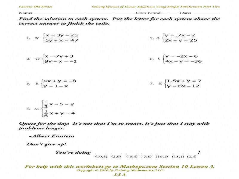 Solving Systems Of Equations By Substitution Answers Math Aids Com
