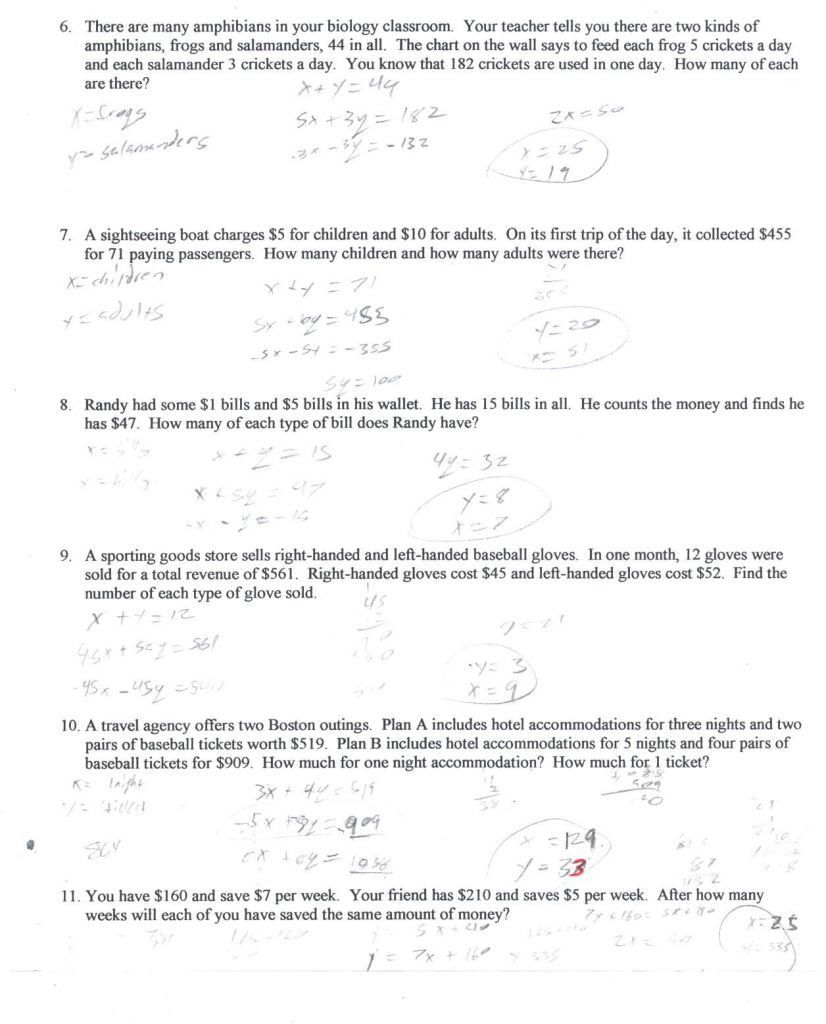 Solving Systems of Equations Word Problems Worksheet Answer Key