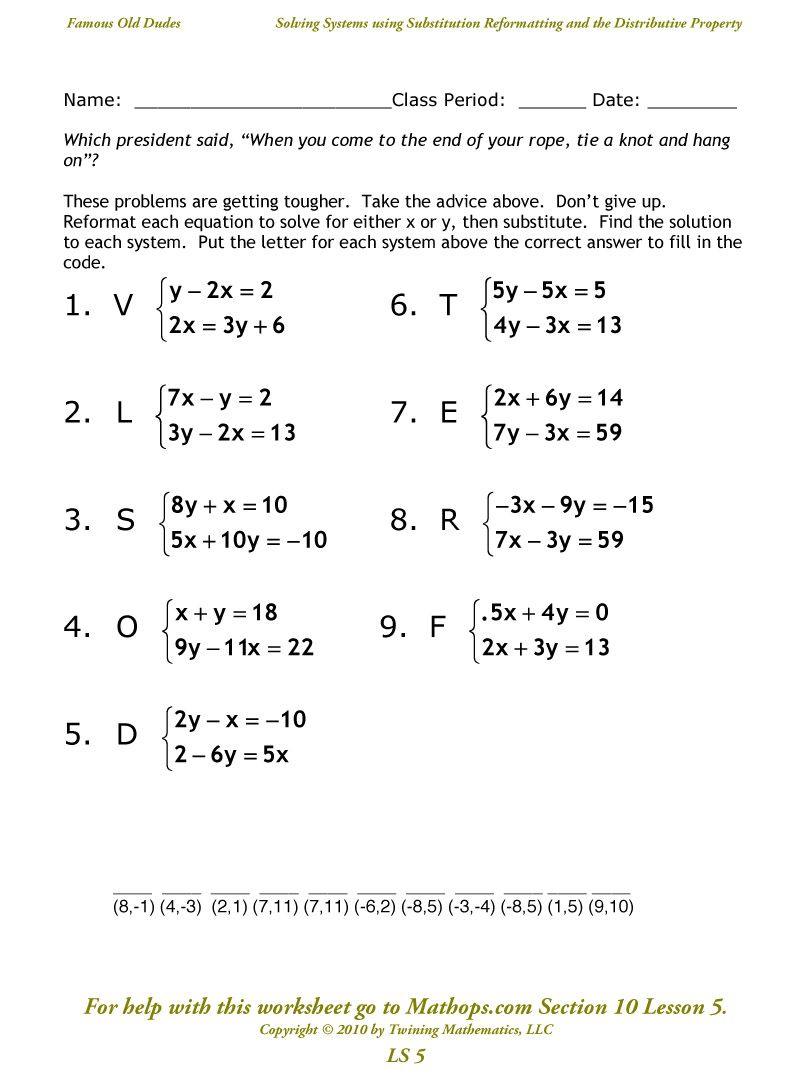 Solving Systems Of Linear Equations by Substitution Worksheet