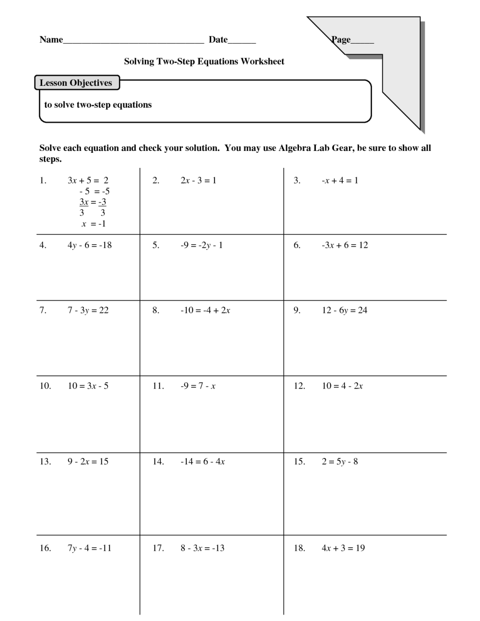 Solving One Step Equations Worksheet No Negatives