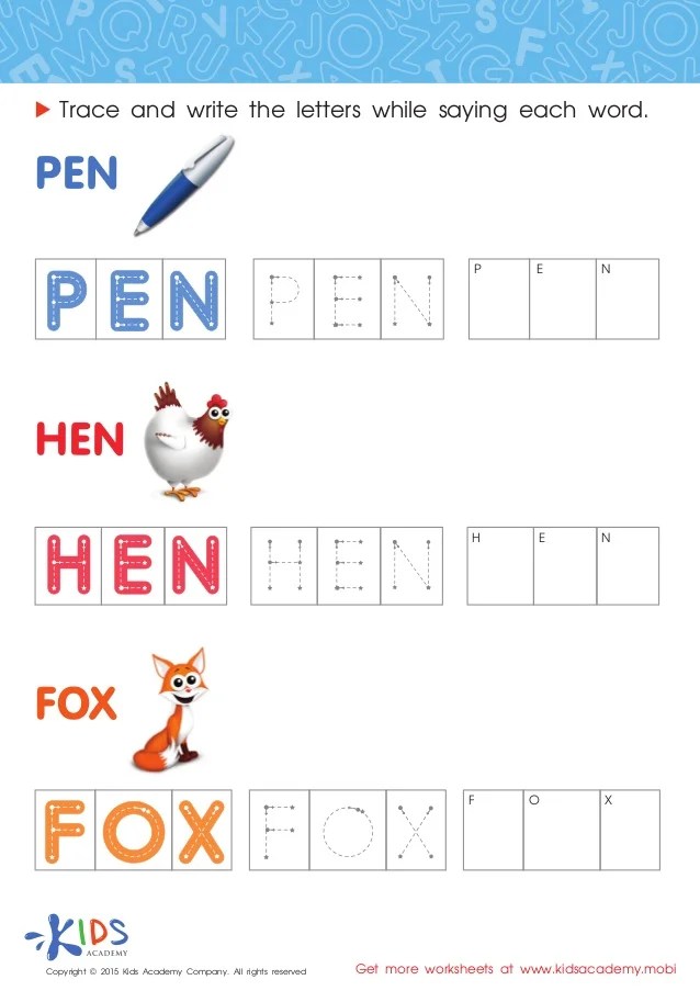 Spelling worksheets for Preschool and Kindergarten