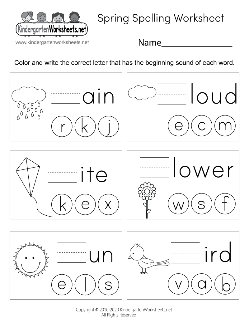Free Printable Spring Spelling Worksheet for Kindergarten