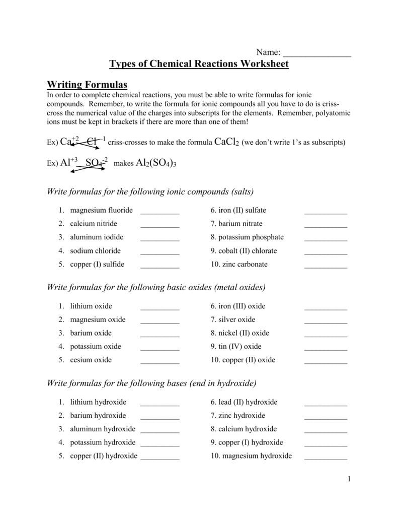Types Of Chemical Reactions Worksheet Writing Formulas Answers