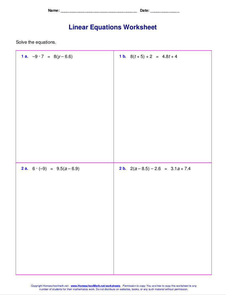 Free worksheets for linear equations (grades 69, prealgebra, algebra 1)