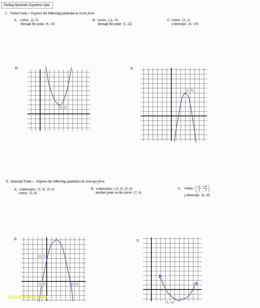 Algebra 1 Graphing Quadratics In Vertex Form Worksheet Algebra