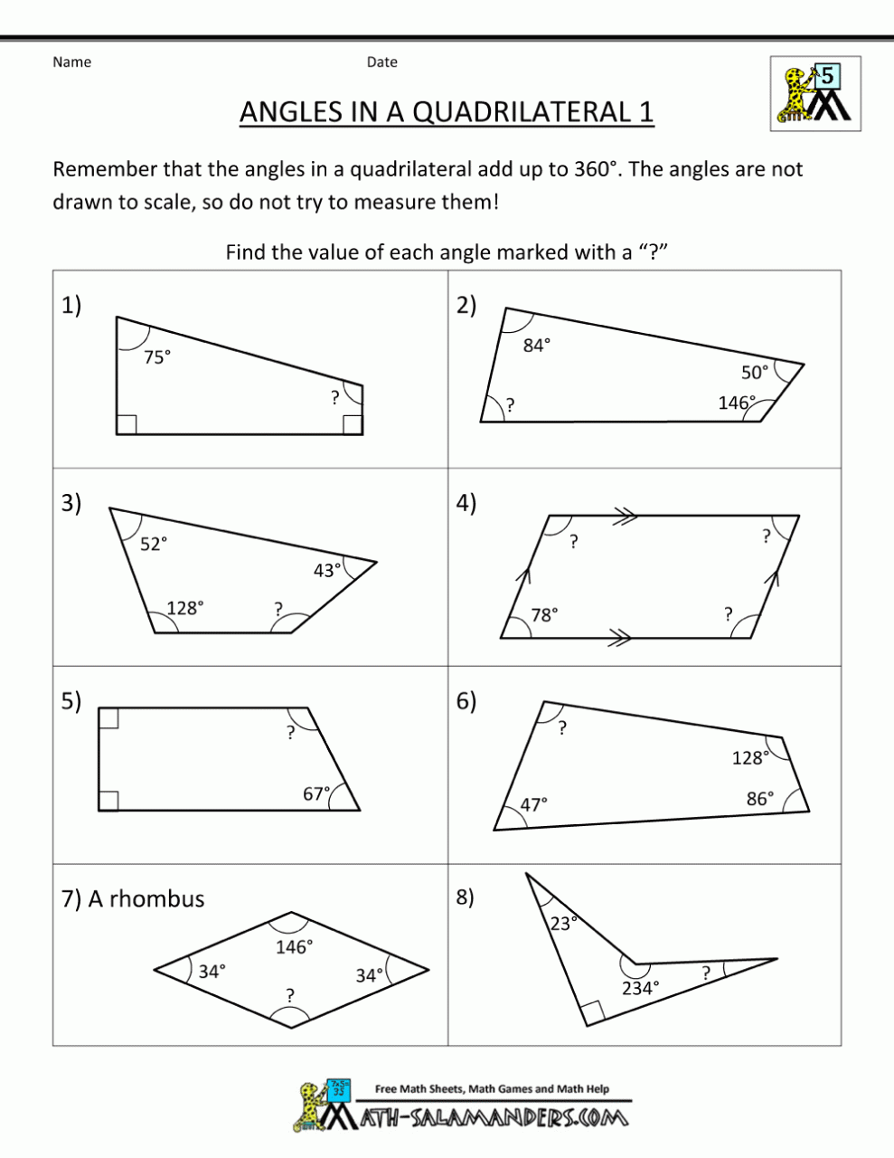 Find The Missing Angle Of A Quadrilateral Worksheet Pdf