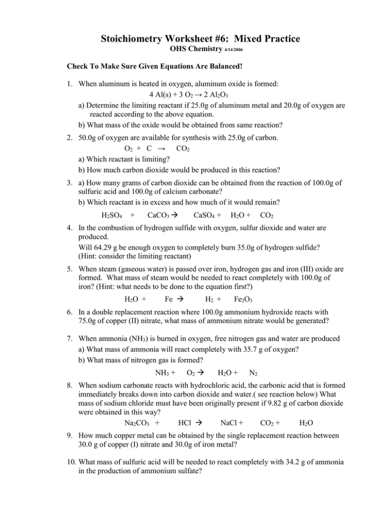Stoichiometry Mixed Practice Worksheet Answers