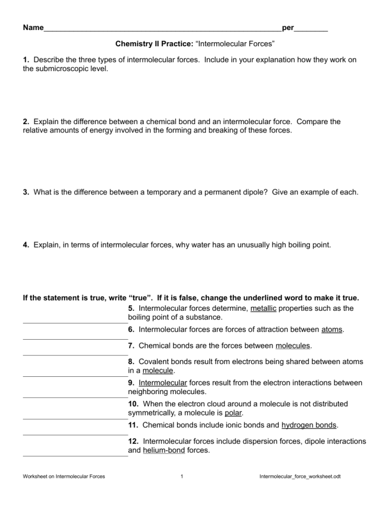 Intermolecular Forces Practice Worksheet Answers