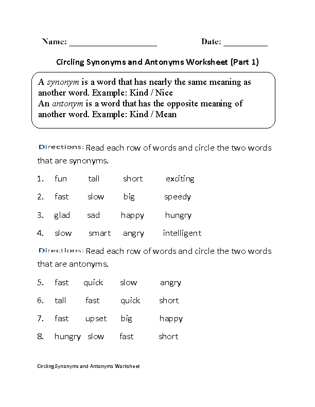 5th Grade Synonyms Worksheet With Answers