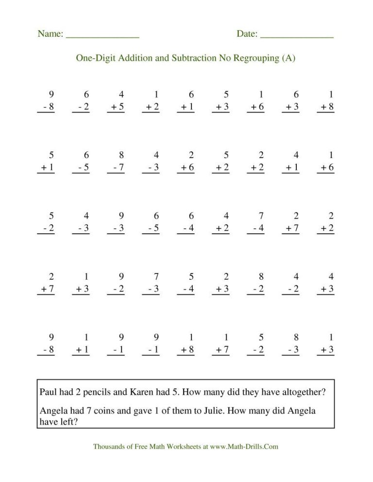 Single And Double Digit Addition And Subtraction Worksheets