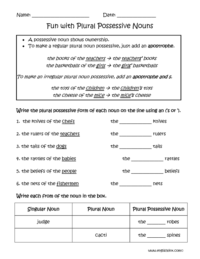 Plural Possessive Nouns Worksheets With Answers