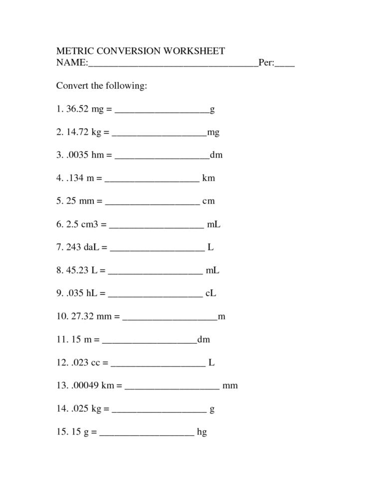Measurement Worksheets Grade 10