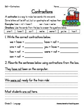 1st Grade Contractions Grammar Worksheets