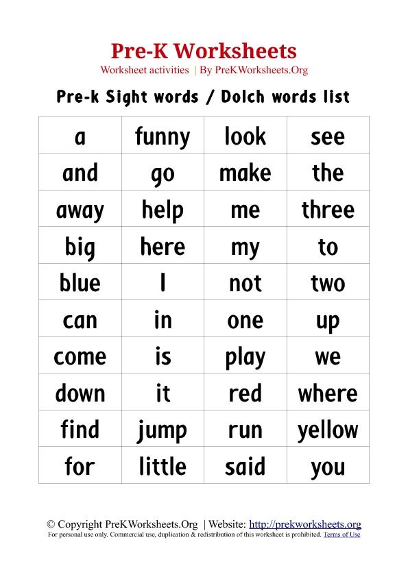 Children's PreK Sight Words / Dolch Words List pdf chart templates