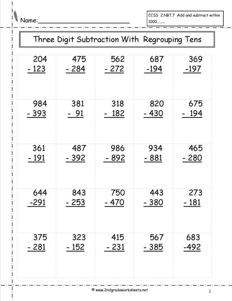 3 Digit Subtraction With Regrouping Worksheets 2nd Grade Pdf