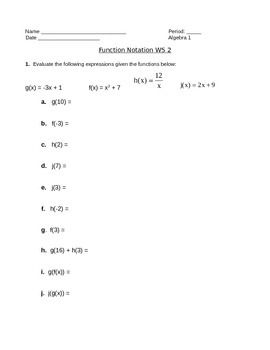 Algebra 2 Function Notation Worksheet Answers