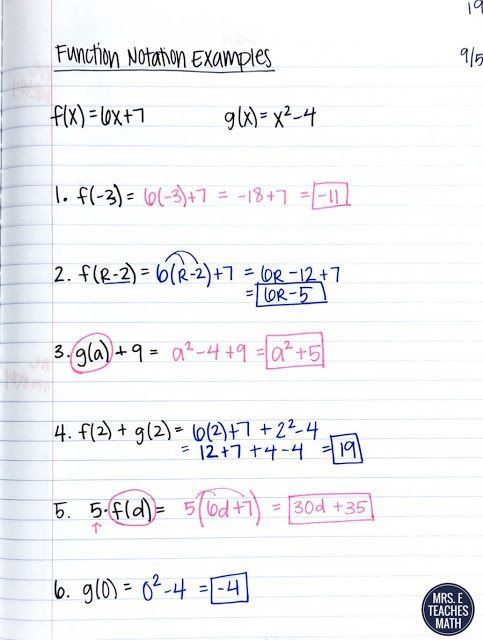 Grade 9 Algebra 1 Function Notation Worksheet