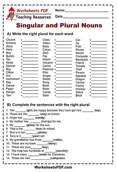 Singular And Plural Nouns Worksheets Pdf Grade 2