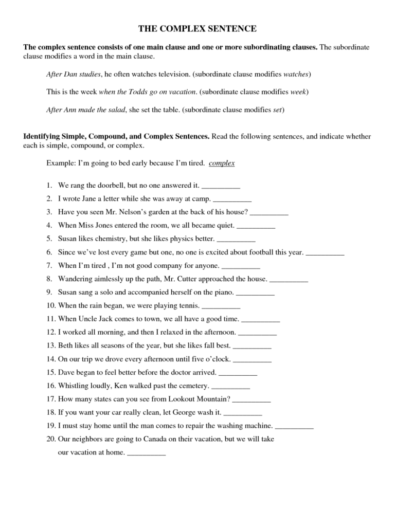 Fun With Complex Sentences Worksheet Answers