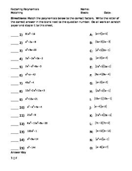Answer Key Factoring Quadratics Worksheet Answers