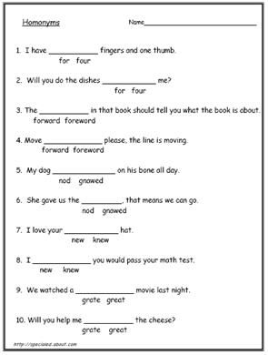 6th Grade Homonyms Worksheets