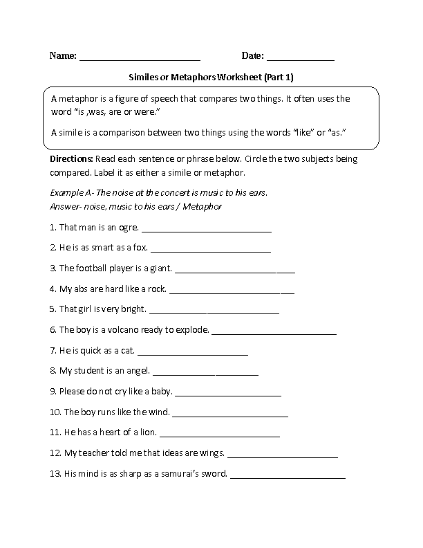 5th Grade Simile And Metaphor Worksheet Pdf