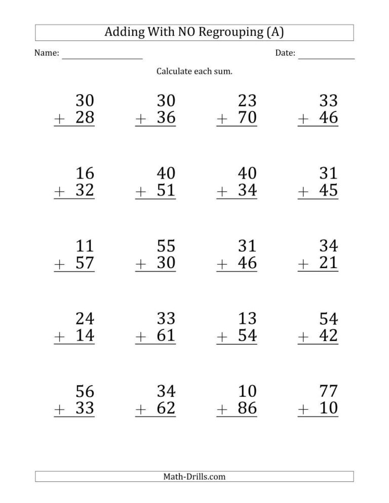 2 Digit Addition Problems Without Regrouping