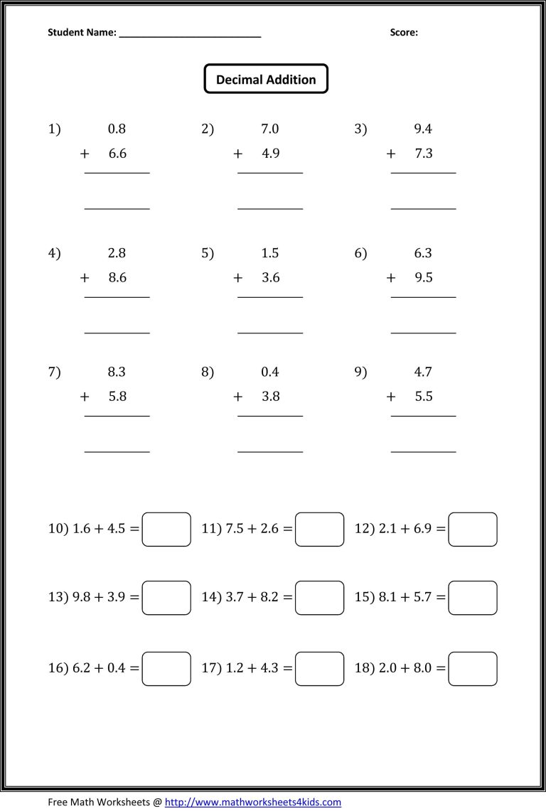 Adding And Subtracting Decimals Vertical Worksheets Pdf