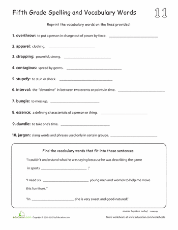 5th Grade Vocabulary Worksheets